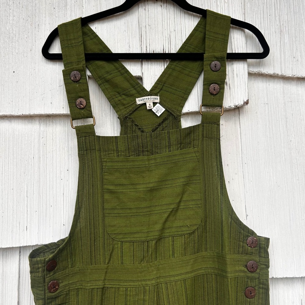 Earthbound Trading Co Olive Green Striped Patchwork Cotton Overalls‎ Small Boho - Picture 3 of 9